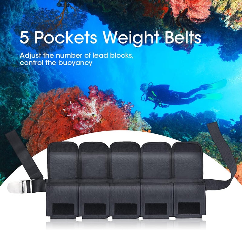Pluzluce Scuba Weight Belt with 5 Pockets, Quick-Release Buckle Diving Pocket Weight Belt Adjustable Snorkeling Webbing Weight Pouch Belt fit for Waist 32" to 52" (Not Including Weights) - Image 4
